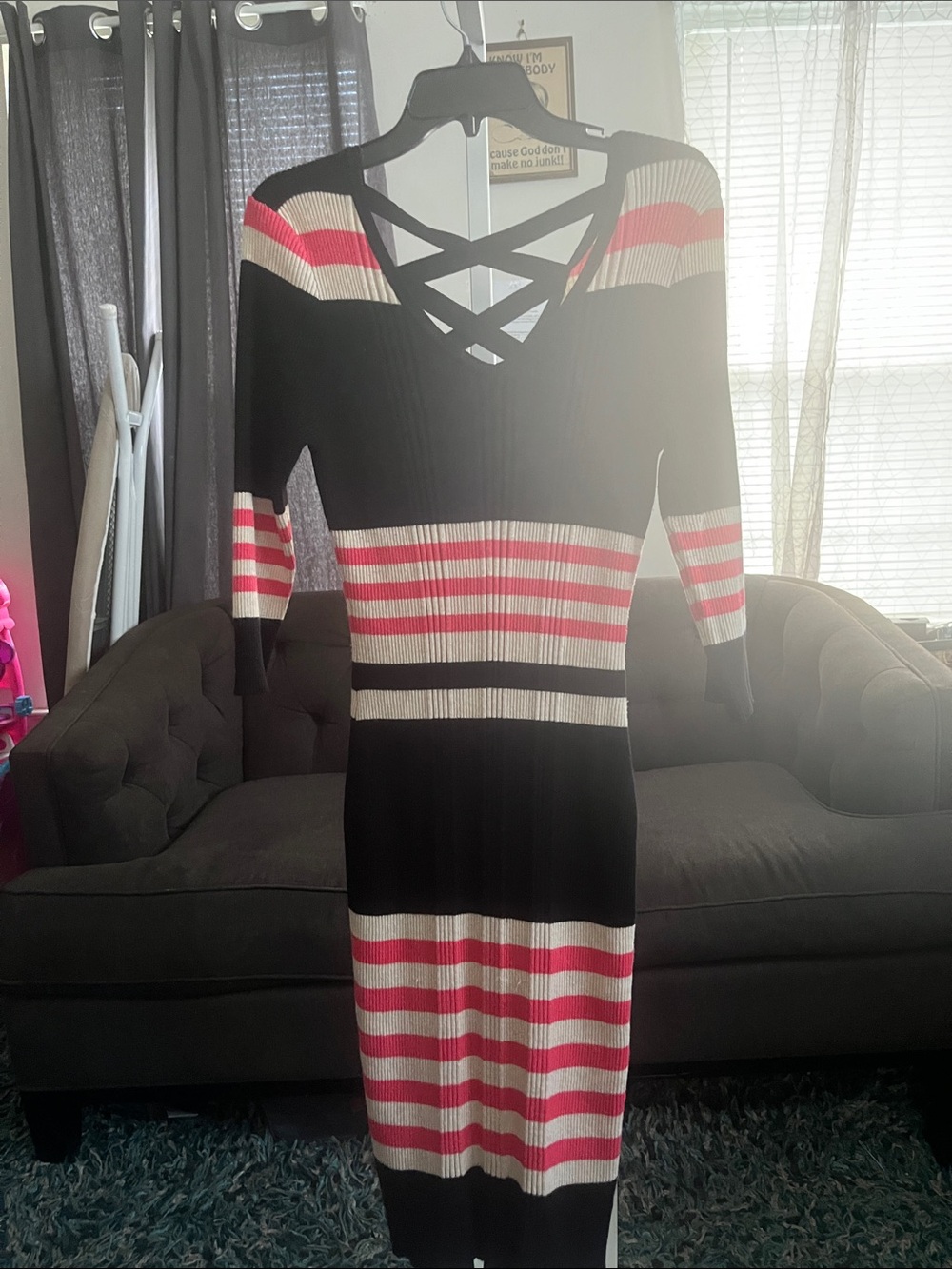 Pink Rose Striped Knit Midi Dress with V-Neck and Crisscross back- Black & Pink